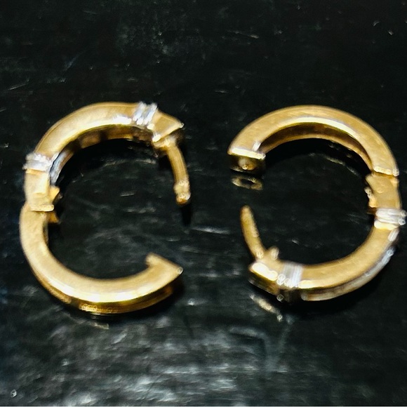 Diamond, 14k gold ear hugging earrings.  White gold accent bars. - Picture 3 of 7